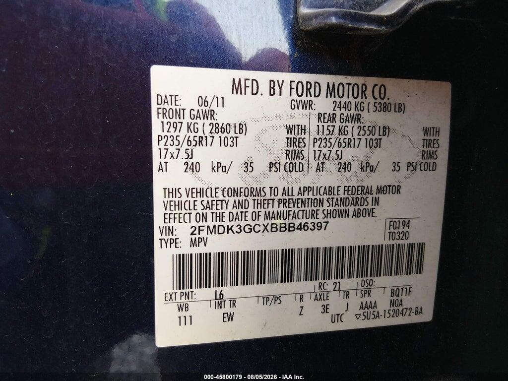 2FMDK3GCXBBB46397 2011 FORD EDGE photo no. 9