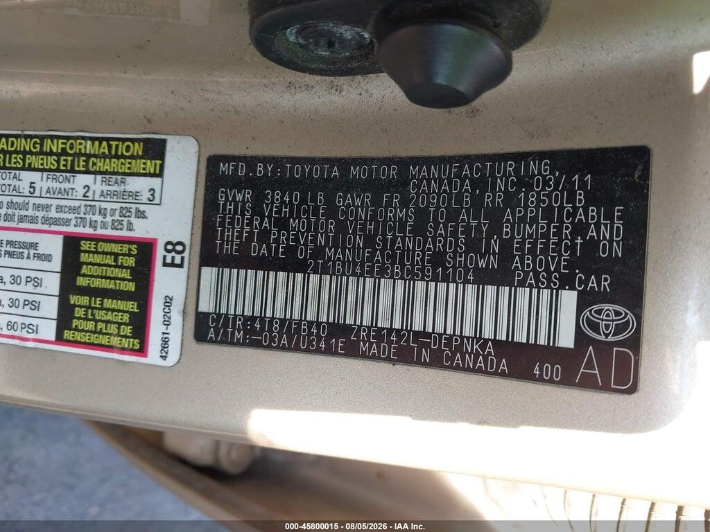 2T1BU4EE3BC591104 2011 TOYOTA COROLLA photo no. 9