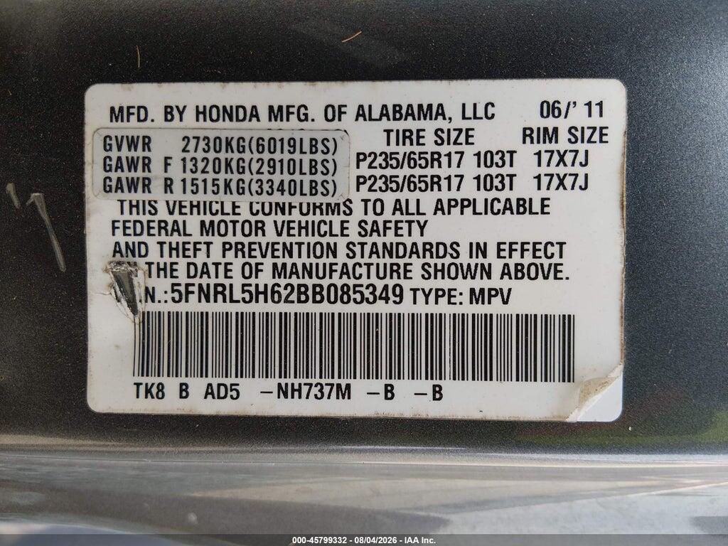 5FNRL5H62BB085349 2011 HONDA ODYSSEY photo no. 9