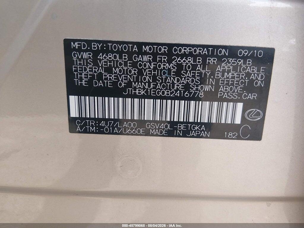 JTHBK1EG0B2416778 2011 LEXUS ES 350 photo no. 9