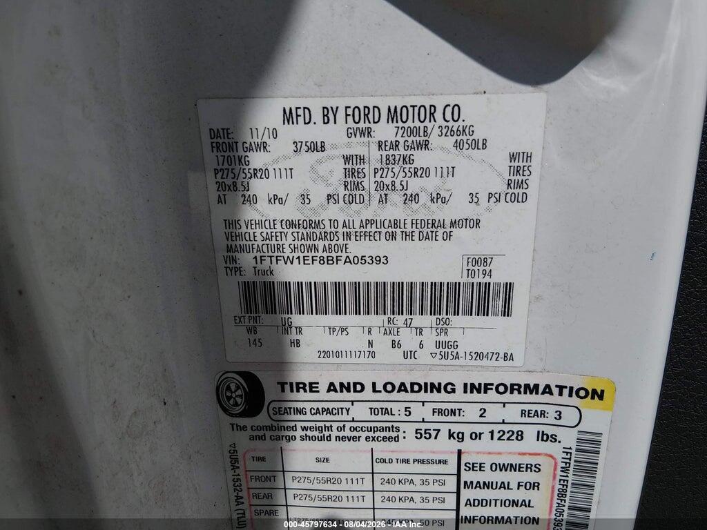 1FTFW1EF8BFA05393 2011 FORD F-150 photo no. 9