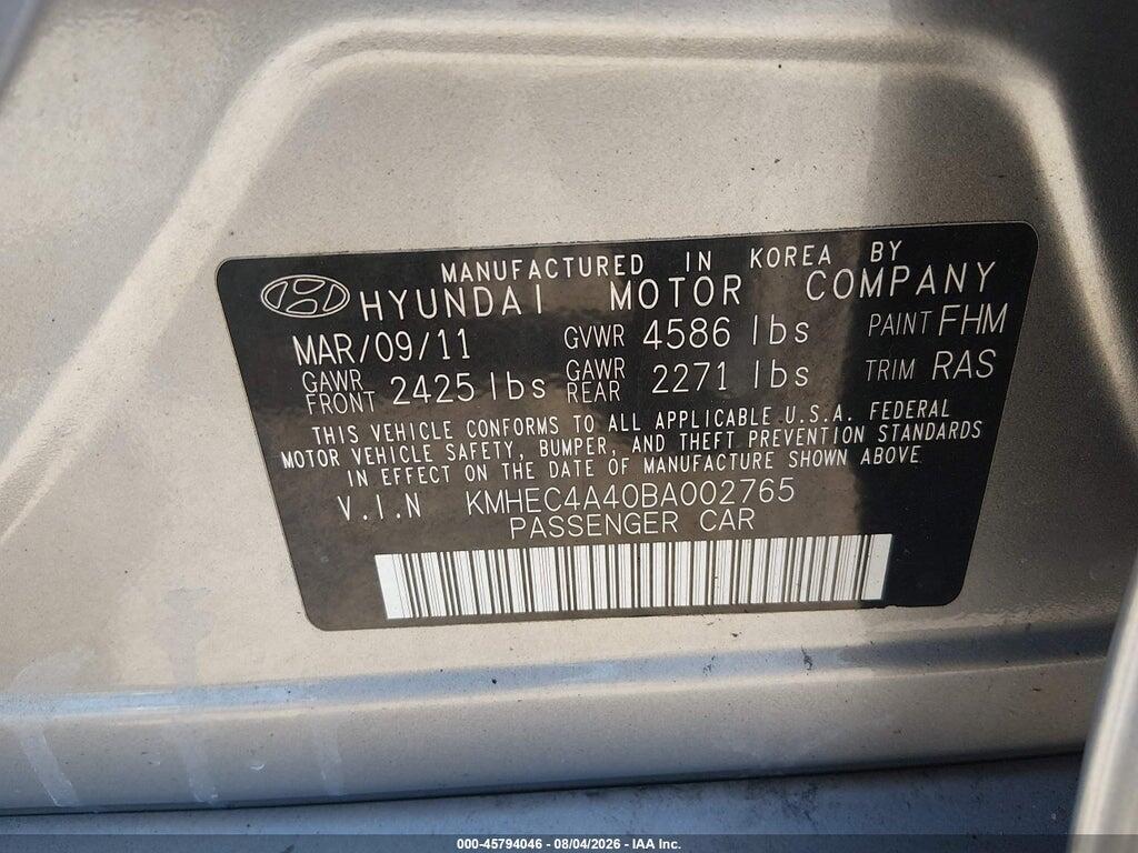 KMHEC4A40BA002765 2011 HYUNDAI SONATA HYBRID photo no. 9