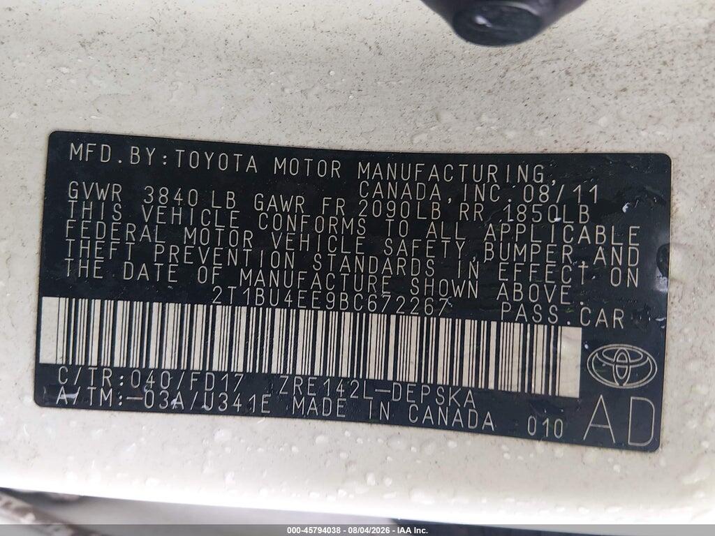 2T1BU4EE9BC672267 2011 TOYOTA COROLLA photo no. 9
