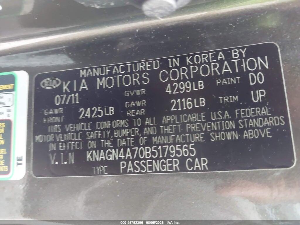 KNAGN4A70B5179565 2011 KIA OPTIMA photo no. 9