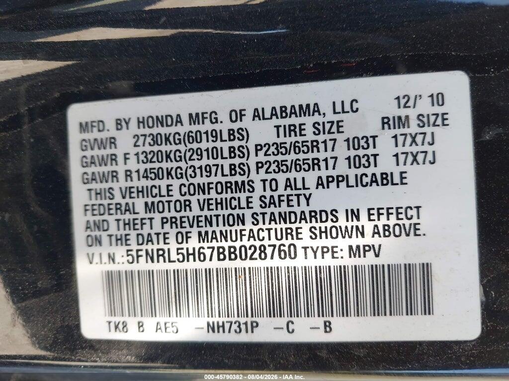 5FNRL5H67BB028760 2011 HONDA ODYSSEY photo no. 9