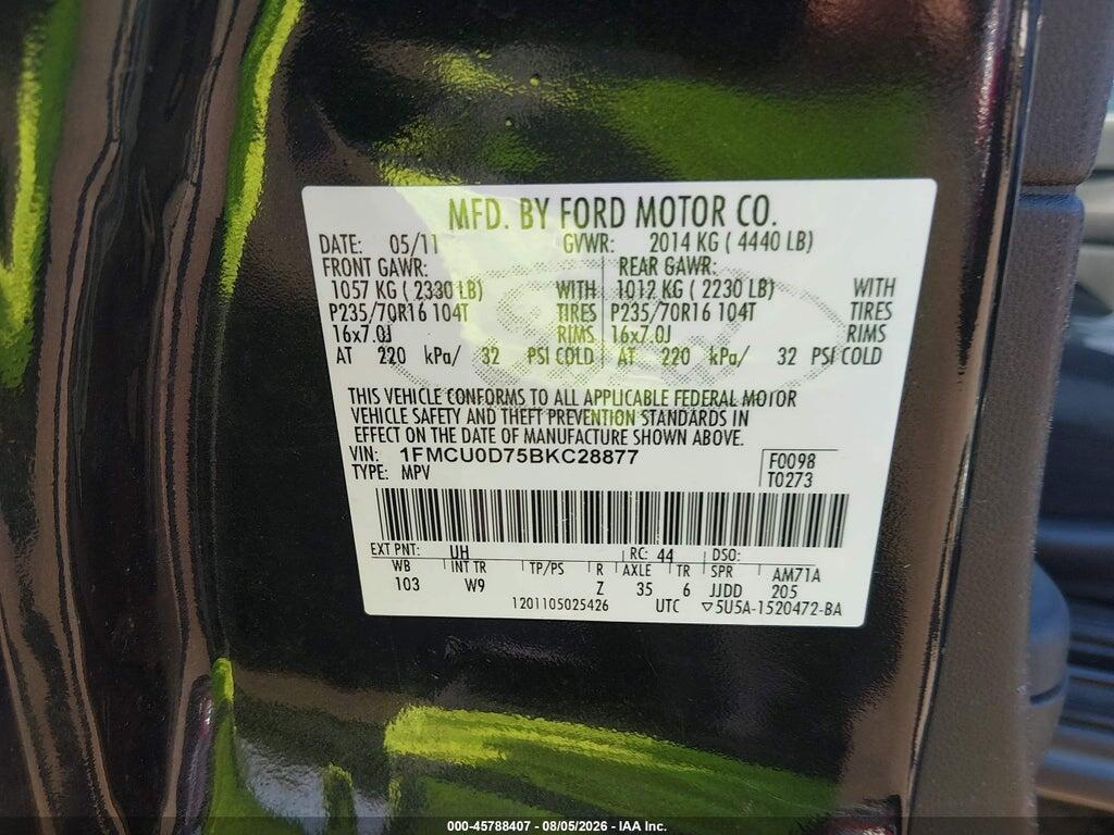 1FMCU0D75BKC28877 2011 FORD ESCAPE photo no. 9