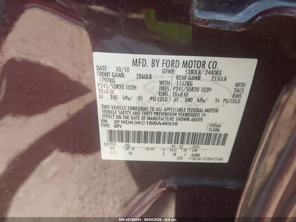 2FMDK3KC1BBA46938 2011 FORD EDGE photo no. 9