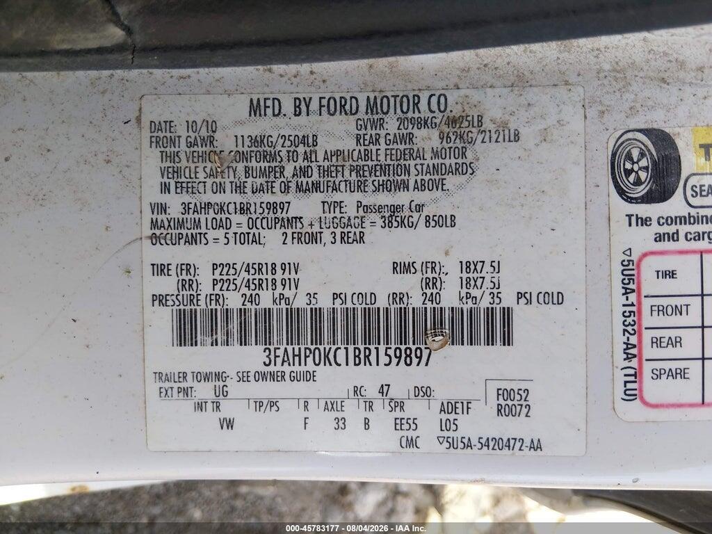 3FAHP0KC1BR159897 2011 FORD FUSION photo no. 9