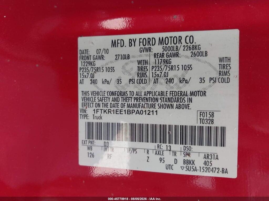 1FTKR1EE1BPA01211 2011 FORD RANGER photo no. 9