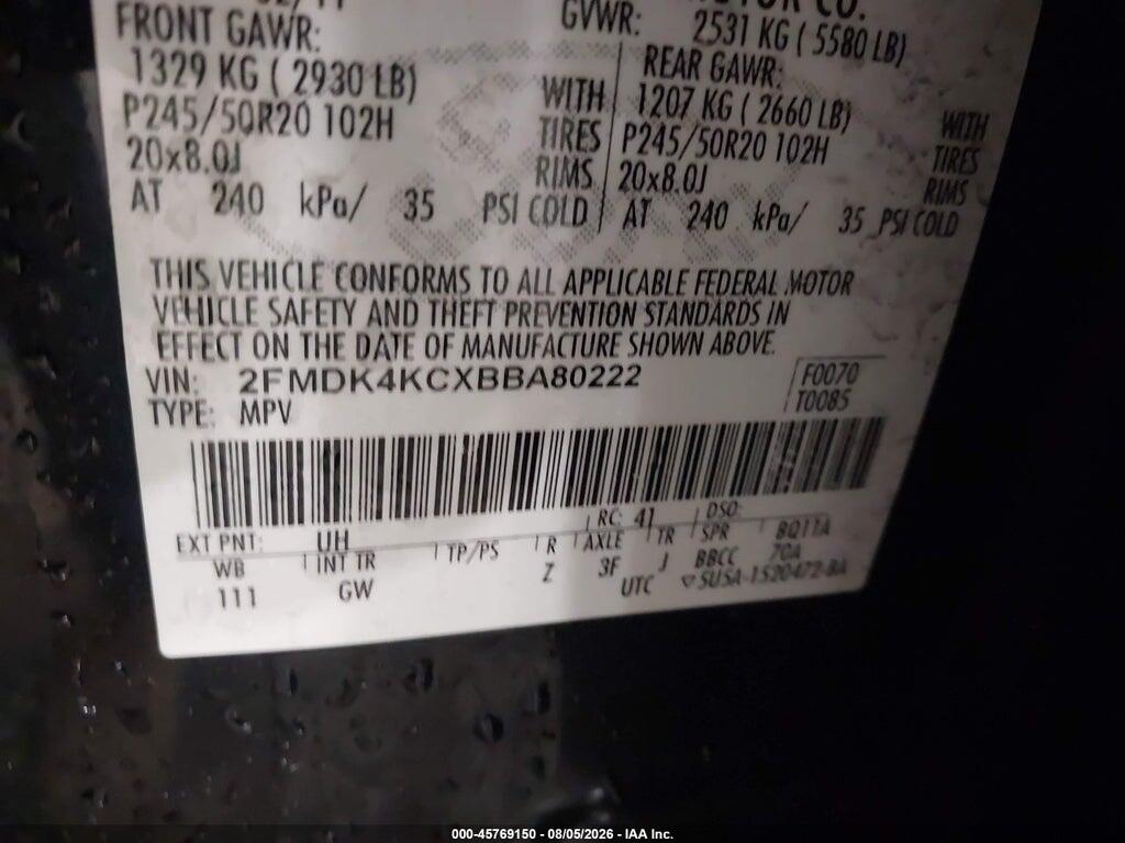 2FMDK4KCXBBA80222 2011 FORD EDGE photo no. 9