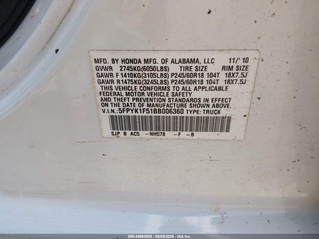 5FPYK1F51BB006360 2011 HONDA RIDGELINE photo no. 9