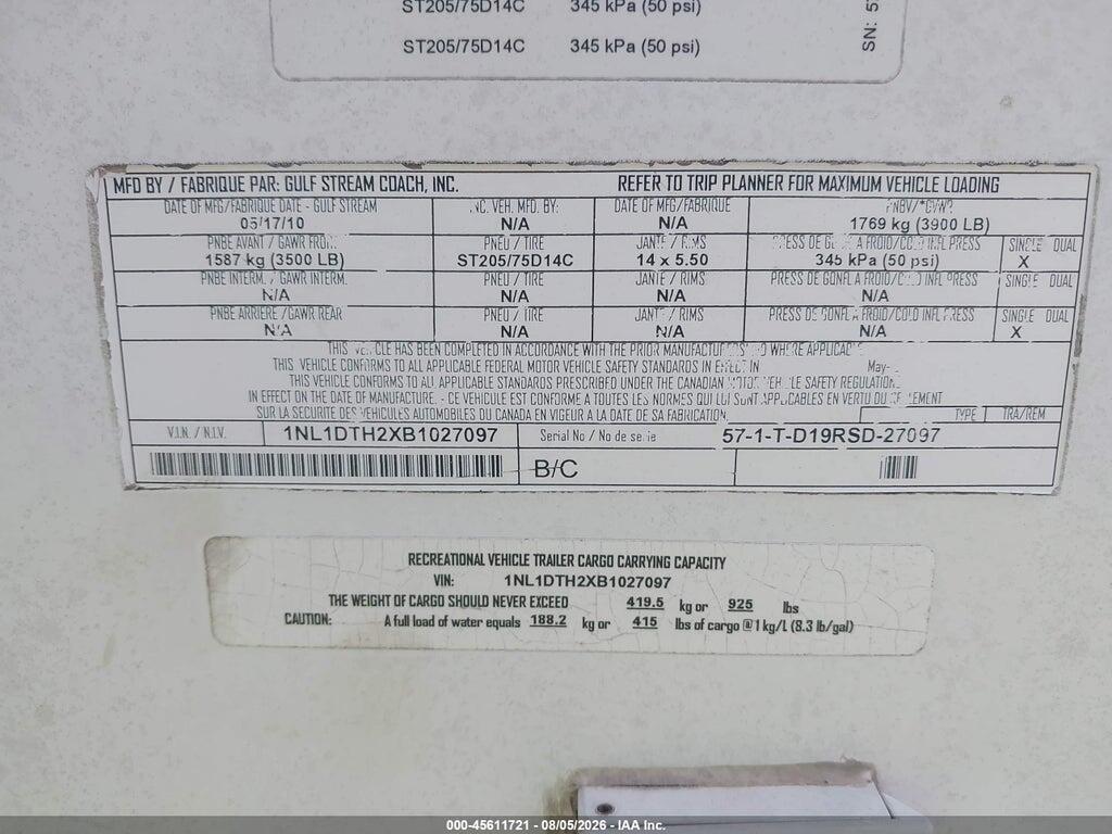 1NL1DTH2XB1027097 2011 GULF STREA 19RSD photo no. 9