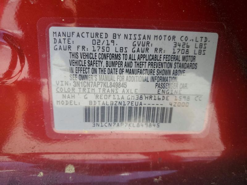 3N1CN7AP7KL849845 2019 NISSAN VERSA photo no. 12