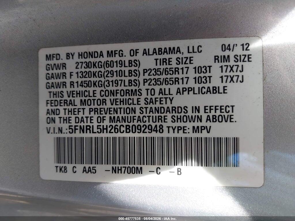 5FNRL5H26CB092948 2012 HONDA ODYSSEY photo no. 9