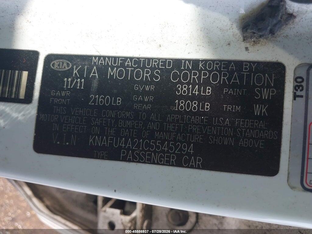 KNAFU4A21C5545294 2012 KIA FORTE photo no. 9