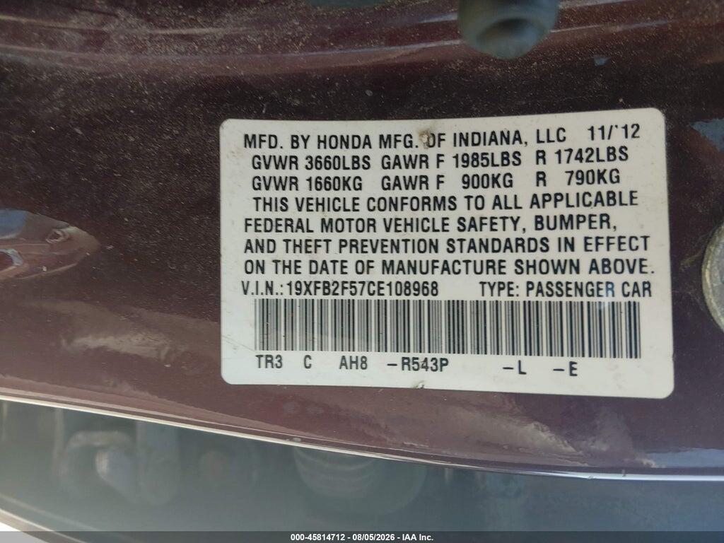 19XFB2F57CE108968 2012 HONDA CIVIC photo no. 9