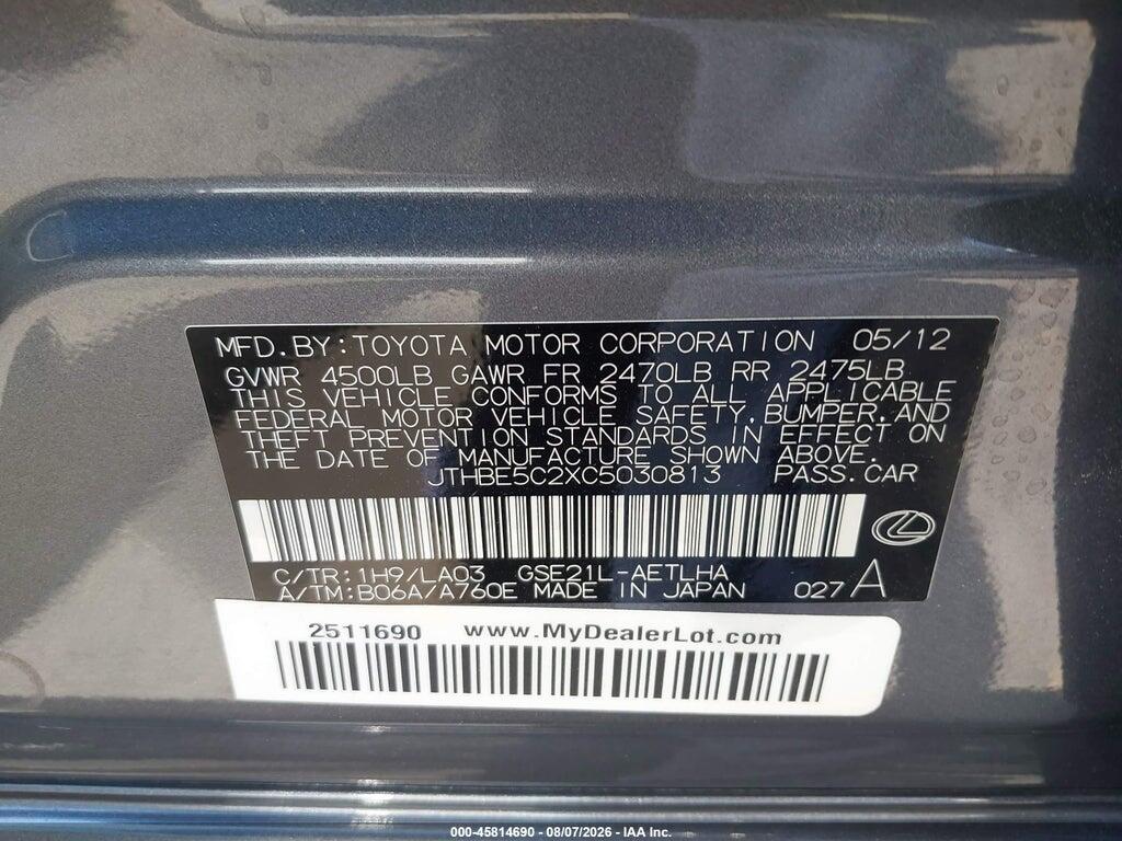 JTHBE5C2XC5030813 2012 LEXUS IS 350 photo no. 9