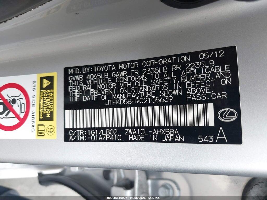 JTHKD5BH9C2105639 2012 LEXUS CT 200H photo no. 9