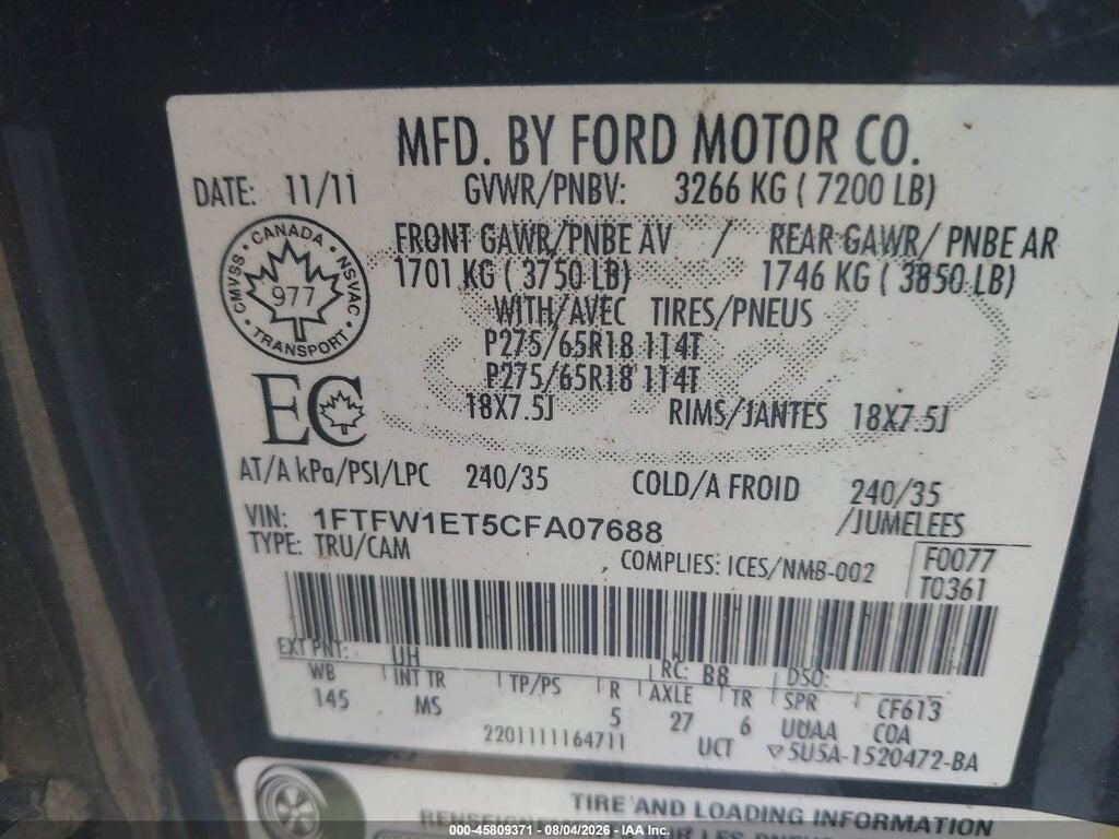 1FTFW1ET5CFA07688 2012 FORD F-150 photo no. 9