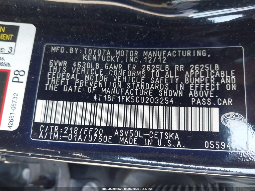 4T1BF1FK5CU203254 2012 TOYOTA CAMRY photo no. 9