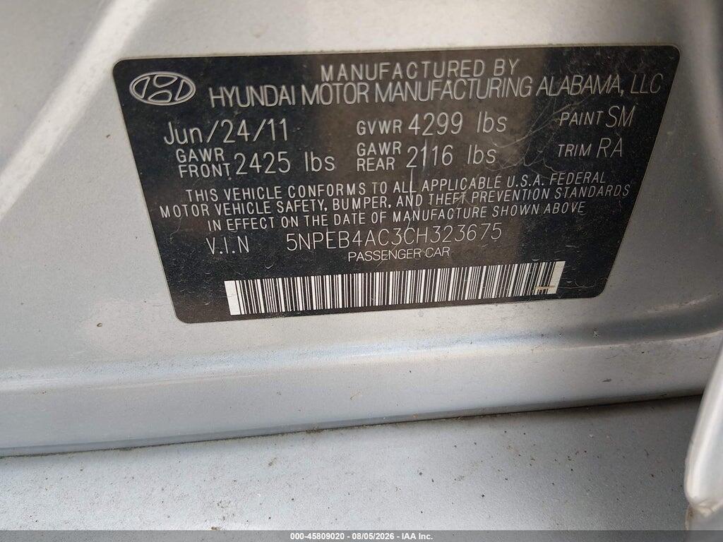 5NPEB4AC3CH323675 2012 HYUNDAI SONATA photo no. 9