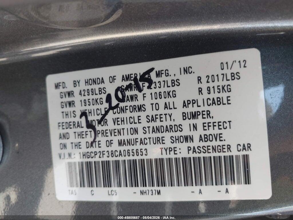 1HGCP2F38CA065653 2012 HONDA ACCORD SDN photo no. 9