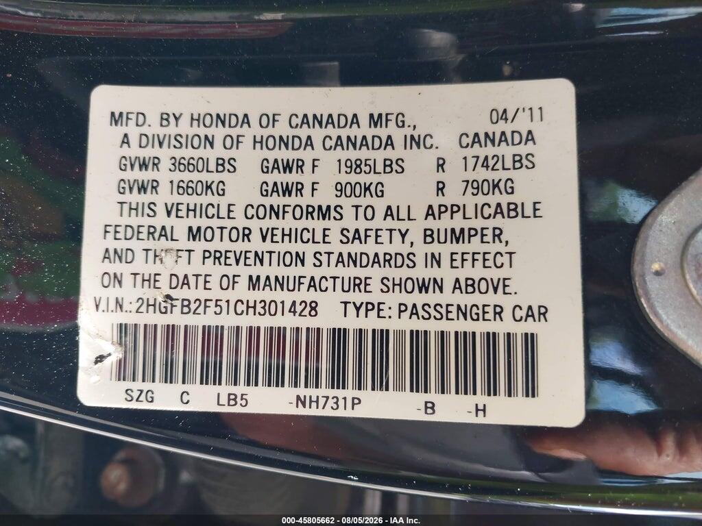 2HGFB2F51CH301428 2012 HONDA CIVIC photo no. 9