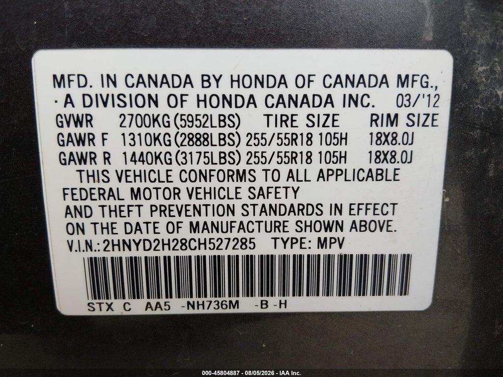2HNYD2H28CH527285 2012 ACURA MDX photo no. 9