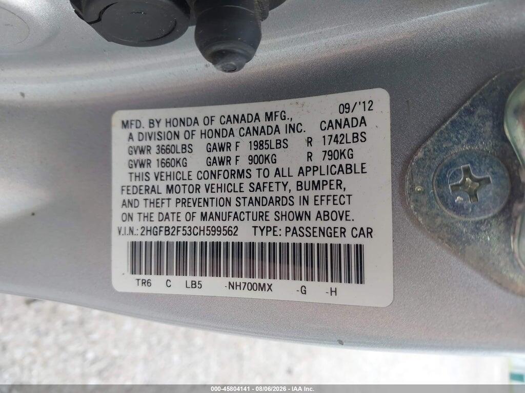 2HGFB2F53CH599562 2012 HONDA CIVIC photo no. 9