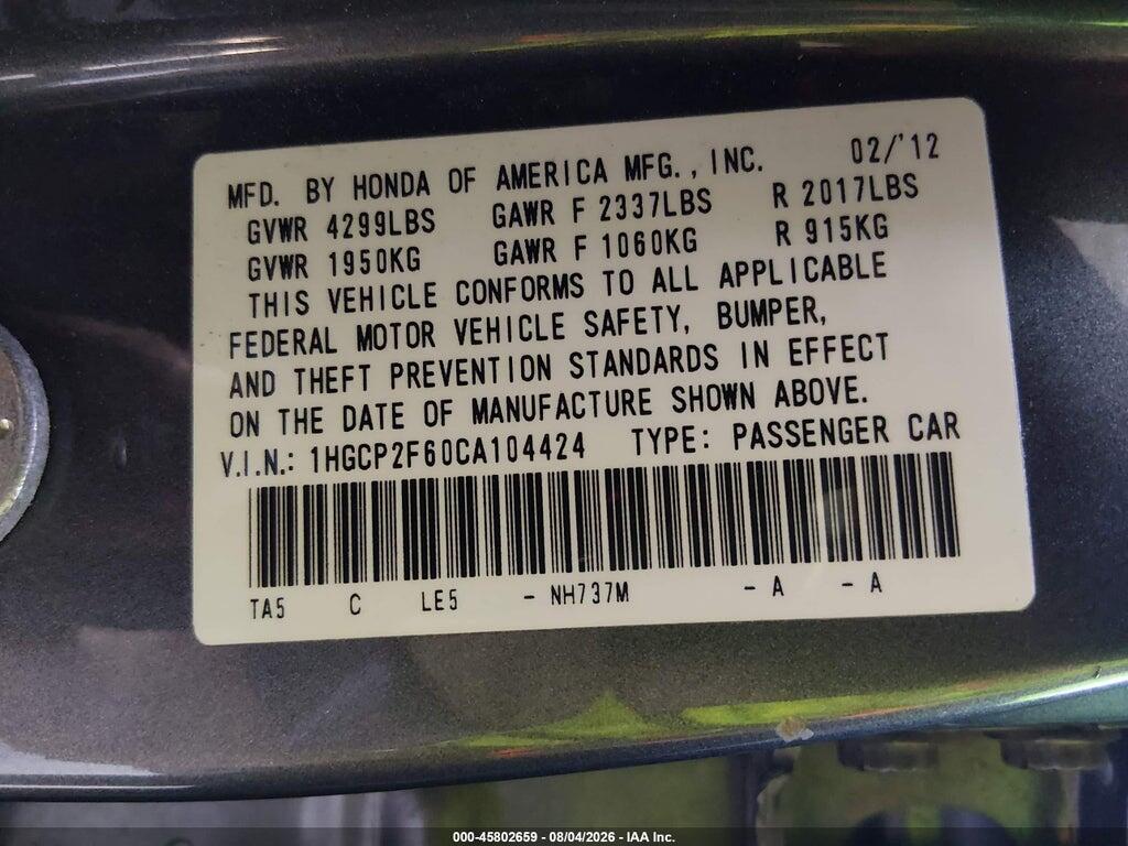 1HGCP2F60CA104424 2012 HONDA ACCORD photo no. 9