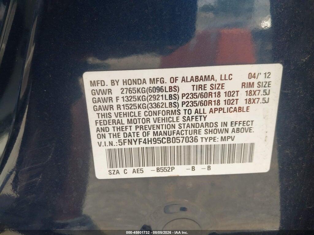 5FNYF4H95CB057036 2012 HONDA PILOT photo no. 9