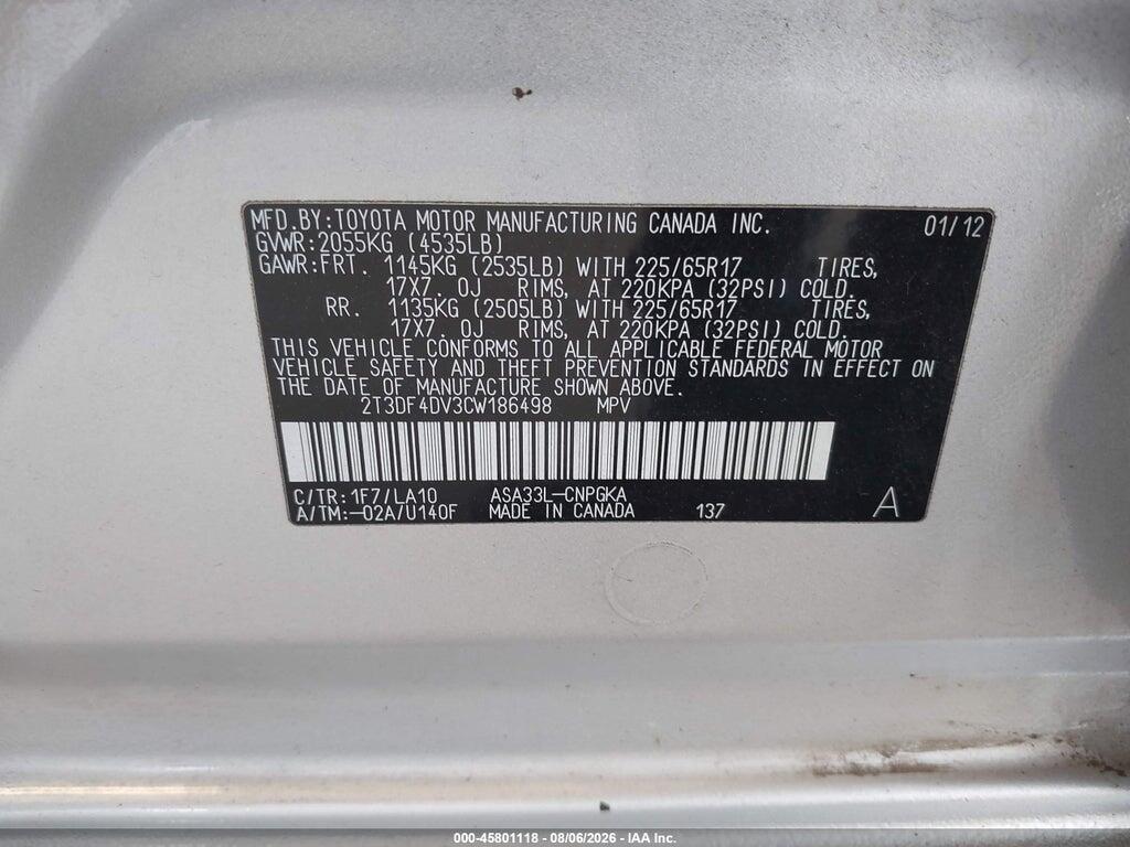 2T3DF4DV3CW186498 2012 TOYOTA RAV4 photo no. 9