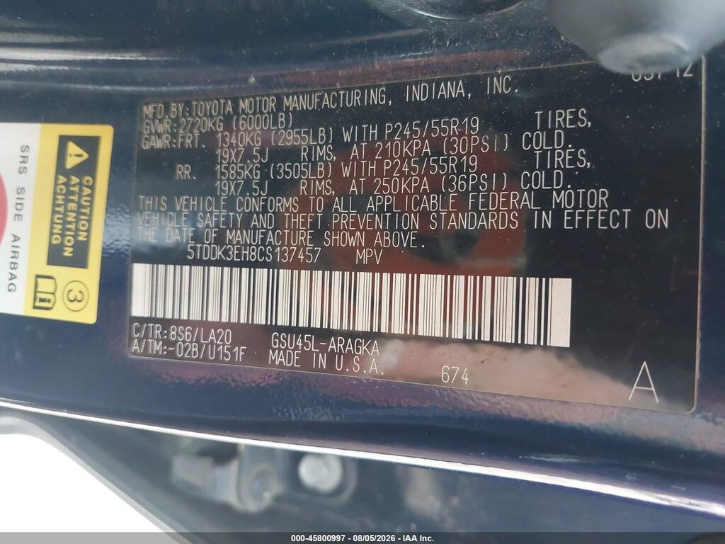 5TDDK3EH8CS137457 2012 TOYOTA HIGHLANDER photo no. 9
