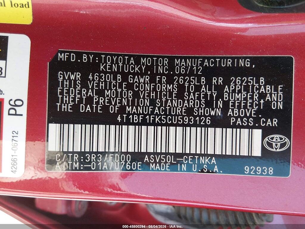 4T1BF1FK5CU593126 2012 TOYOTA CAMRY photo no. 9