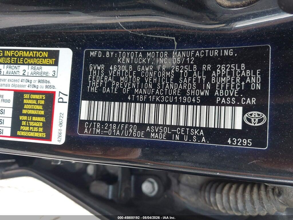 4T1BF1FK3CU119045 2012 TOYOTA CAMRY photo no. 9
