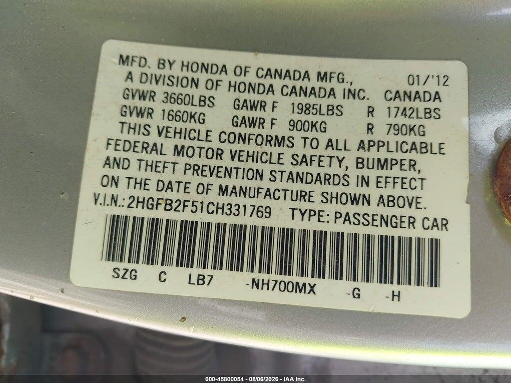 2HGFB2F51CH331769 2012 HONDA CIVIC photo no. 9