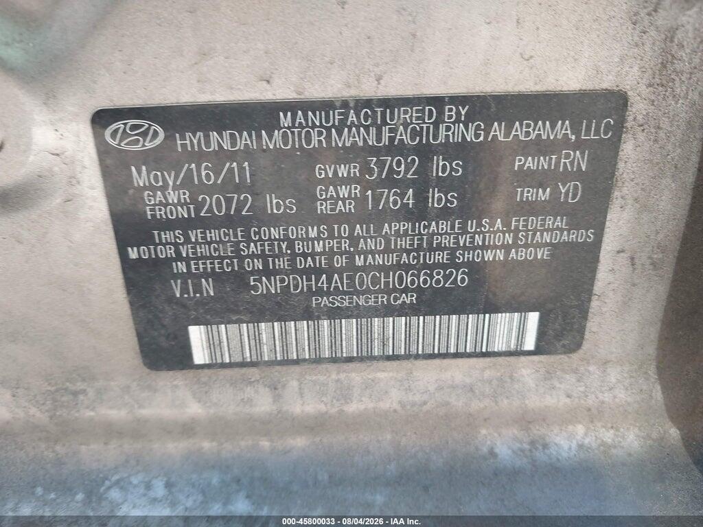 5NPDH4AE0CH066826 2012 HYUNDAI ELANTRA photo no. 9