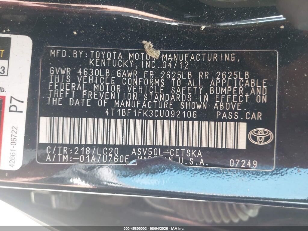 4T1BF1FK3CU092106 2012 TOYOTA CAMRY photo no. 9