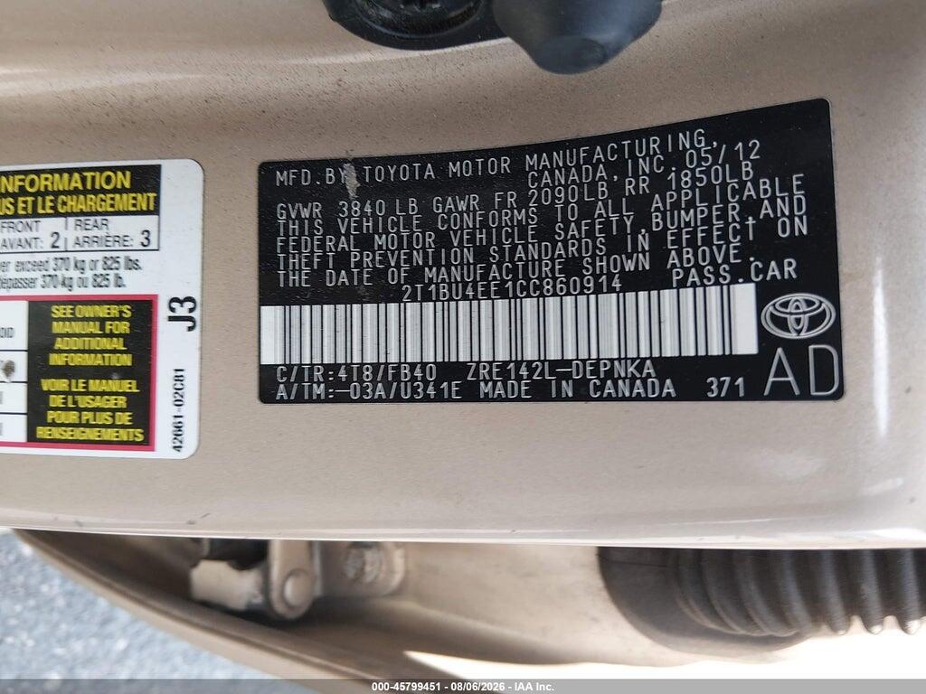 2T1BU4EE1CC860914 2012 TOYOTA COROLLA photo no. 9
