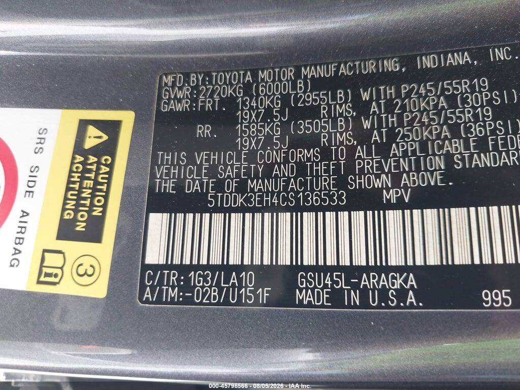 5TDDK3EH4CS136533 2012 TOYOTA HIGHLANDER photo no. 9