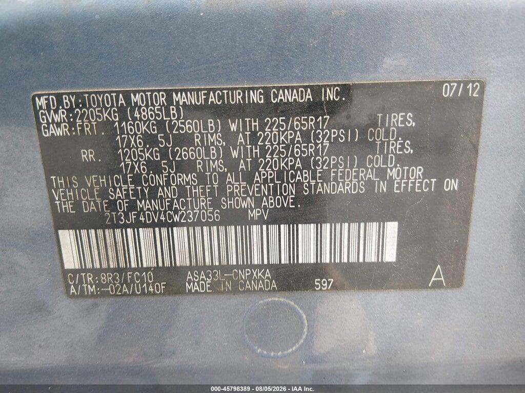 2T3JF4DV4CW237056 2012 TOYOTA RAV4 photo no. 9