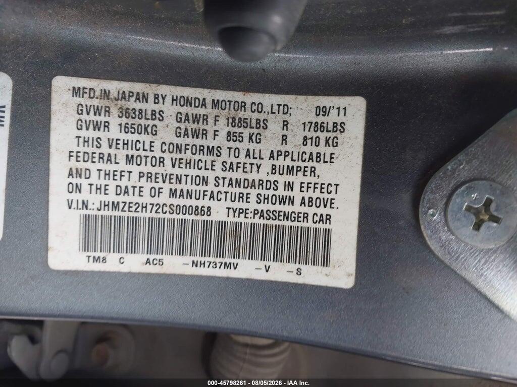 JHMZE2H72CS000868 2012 HONDA INSIGHT photo no. 9