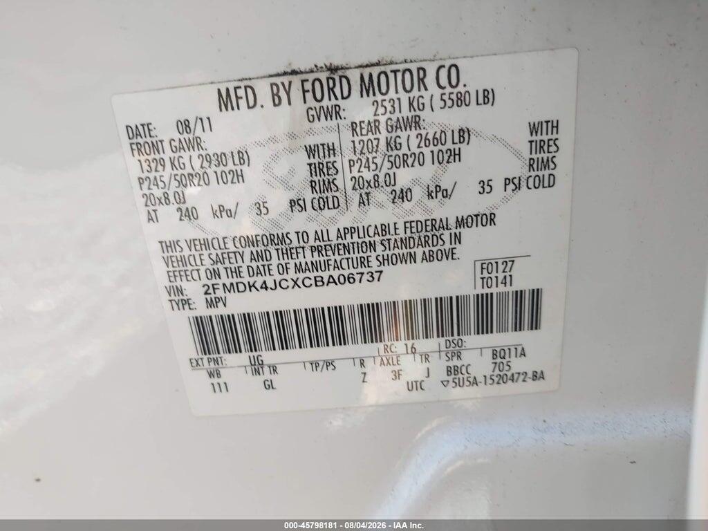2FMDK4JCXCBA06737 2012 FORD EDGE photo no. 9