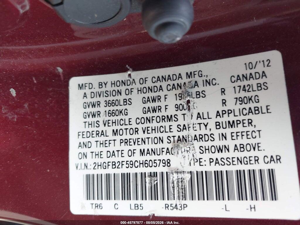 2HGFB2F59CH605798 2012 HONDA CIVIC photo no. 9