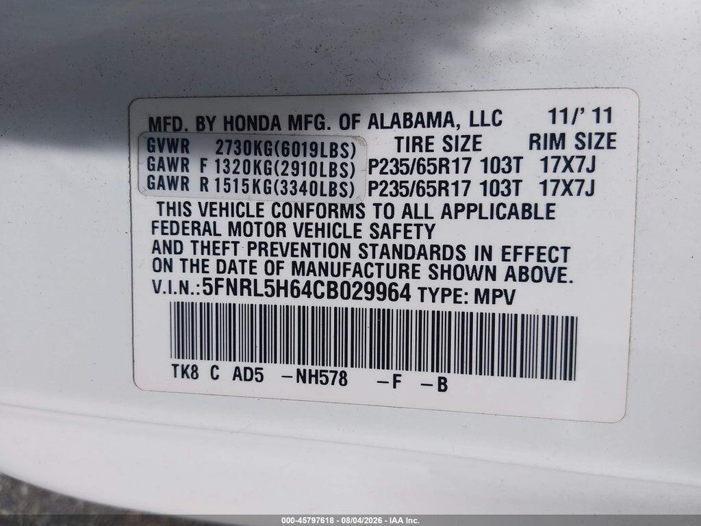 5FNRL5H64CB029964 2012 HONDA ODYSSEY photo no. 9