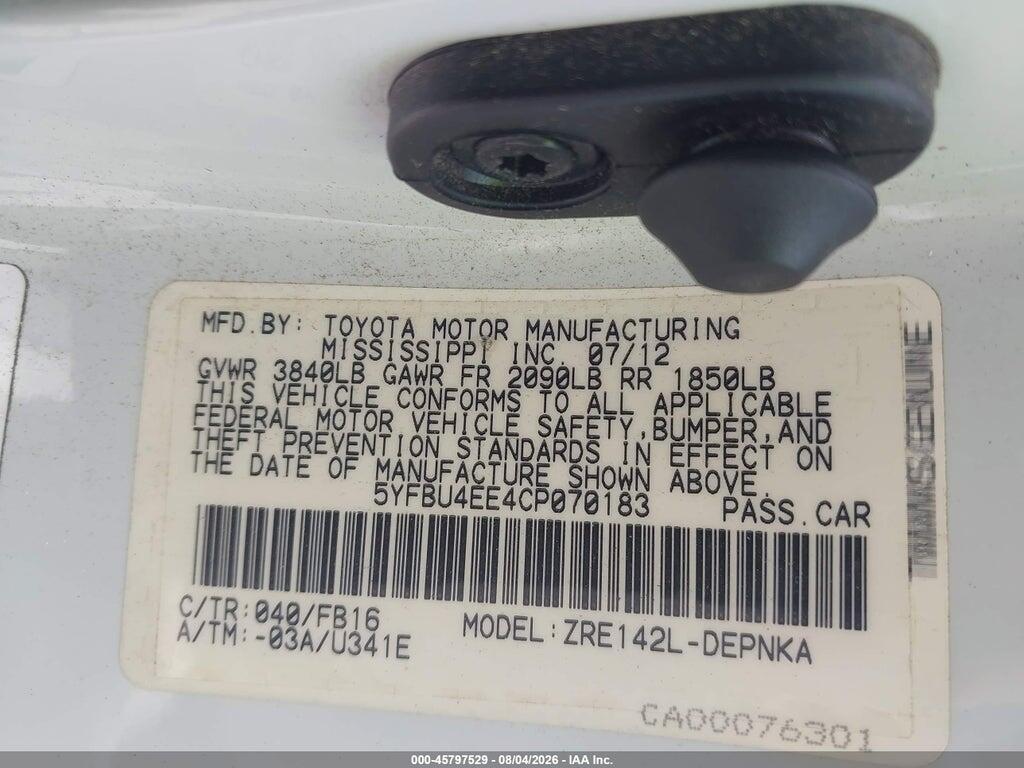 5YFBU4EE4CP070183 2012 TOYOTA COROLLA photo no. 9