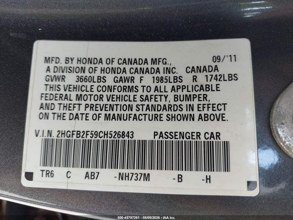 2HGFB2F59CH526843 2012 HONDA CIVIC photo no. 9