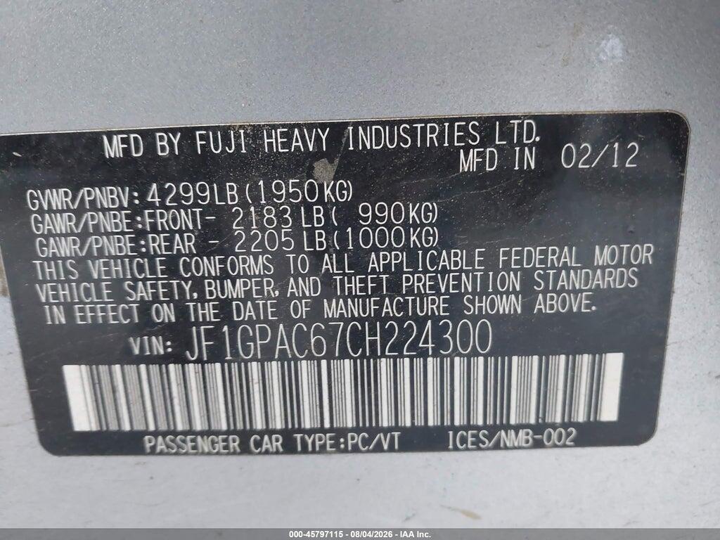 JF1GPAC67CH224300 2012 SUBARU IMPREZA photo no. 9