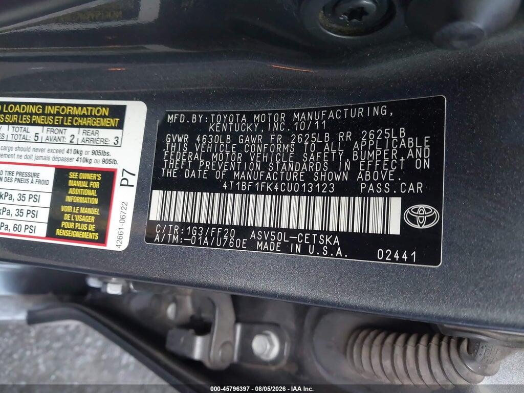 4T1BF1FK4CU013123 2012 TOYOTA CAMRY photo no. 9