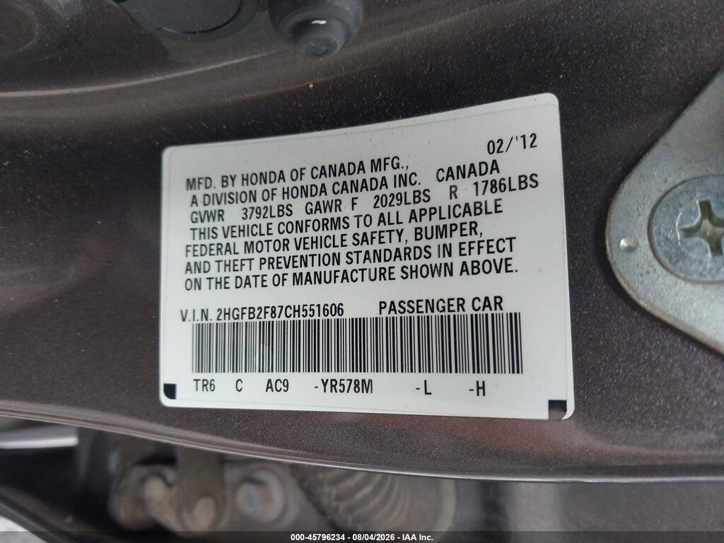 2HGFB2F87CH551606 2012 HONDA CIVIC photo no. 9